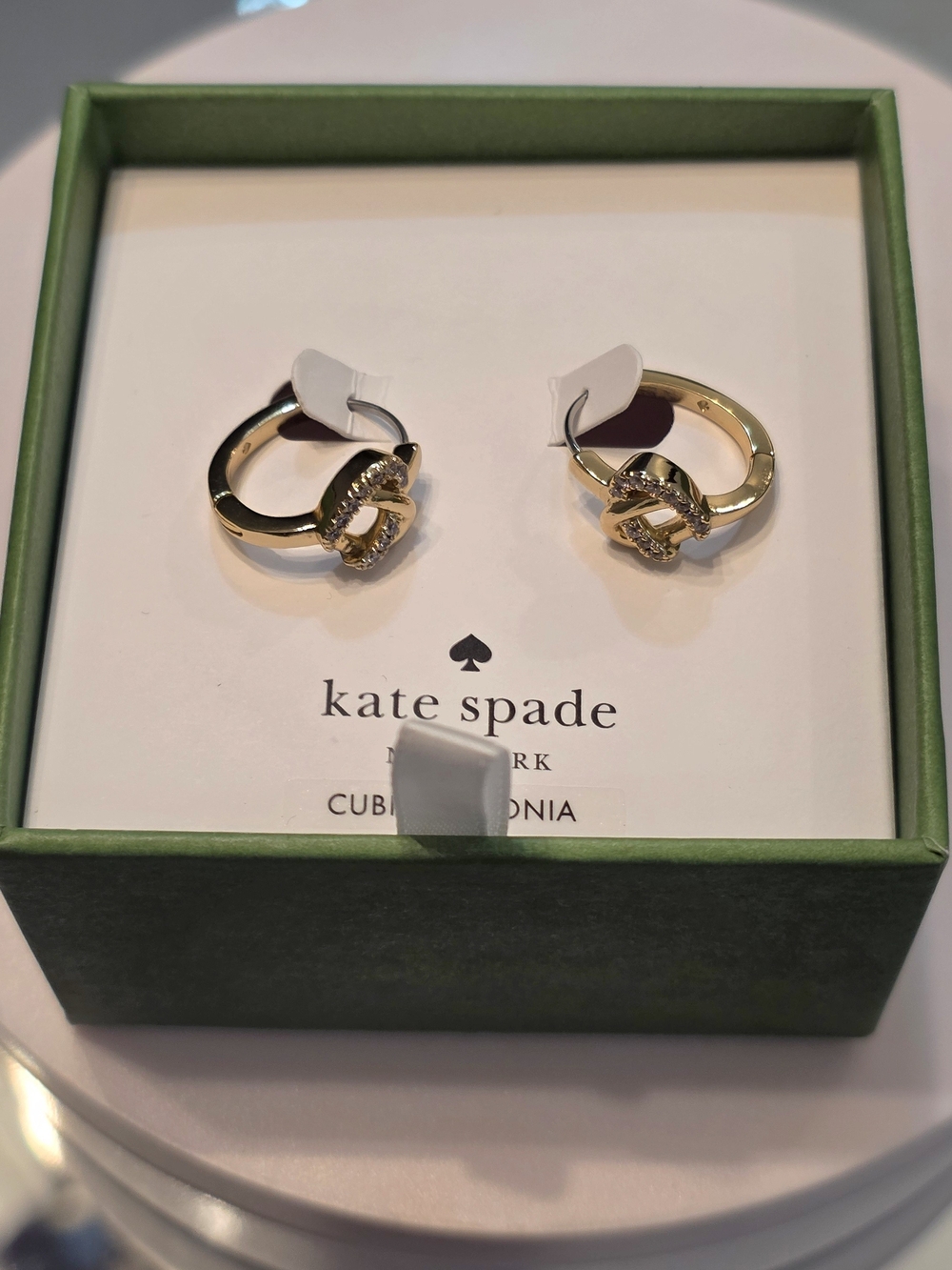 NWT Kate Spade Sailor's Knot Huggie Hoop Earrings Gold Tone Cubic Zirconia Gift